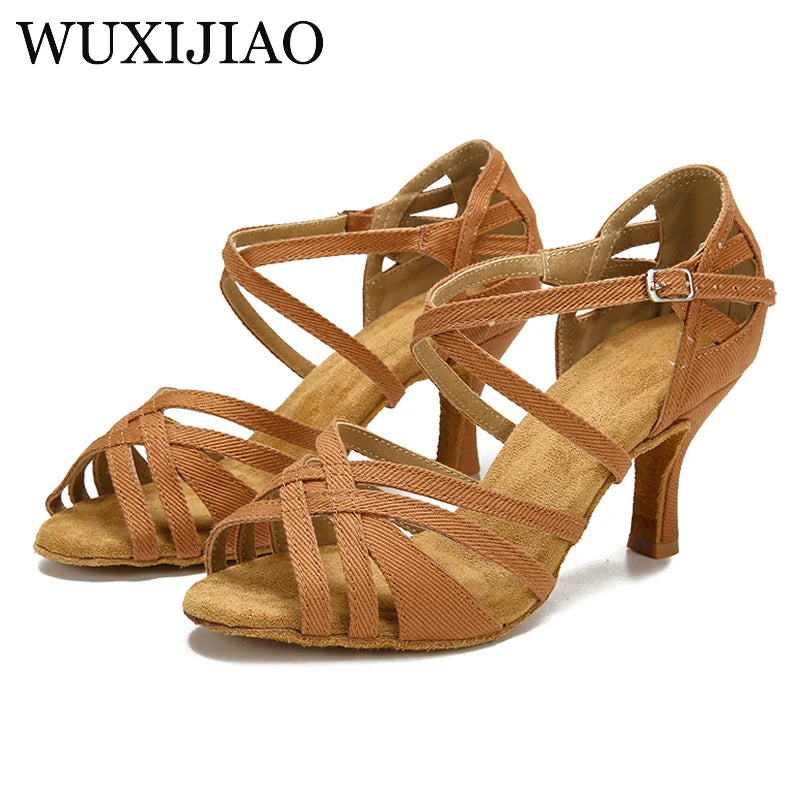 Denim Latin dance shoes, dance shoes, high heels, professional soft soled dance shoes, summer sandals, square dance shoes wo