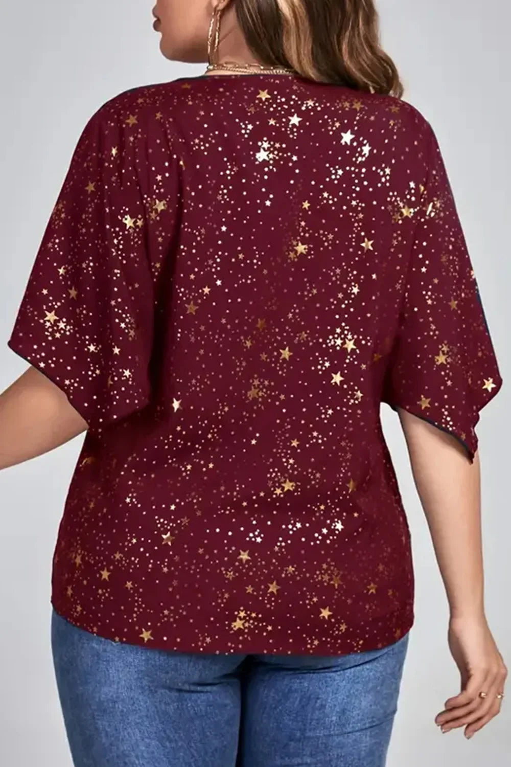 Plus Size Christmas Burgundy Sparkly Bronzing Print V Neck Blouse Half Sleeve Loose Tops