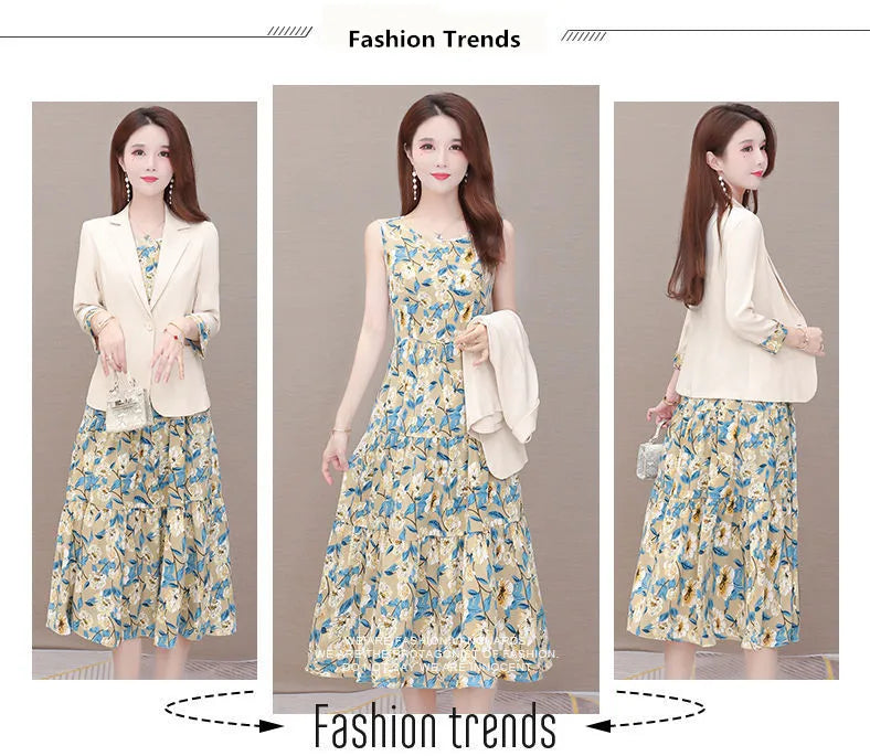 Women's Casual Floral Sling Dress Set 2025 Spring Autumn New Suit Jacket Dresses Two Piece Female Chic Blazers Midi Skirt Set