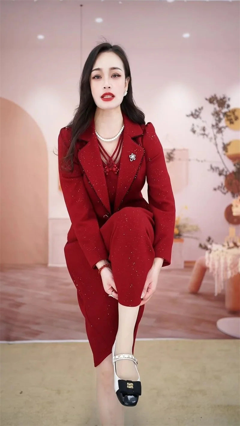 Middle Aged Female Dress Sets Spring Autumn High End Elegant Blazer Coat And Long Dress 2PCS Women OL Temperament Dresses Suit