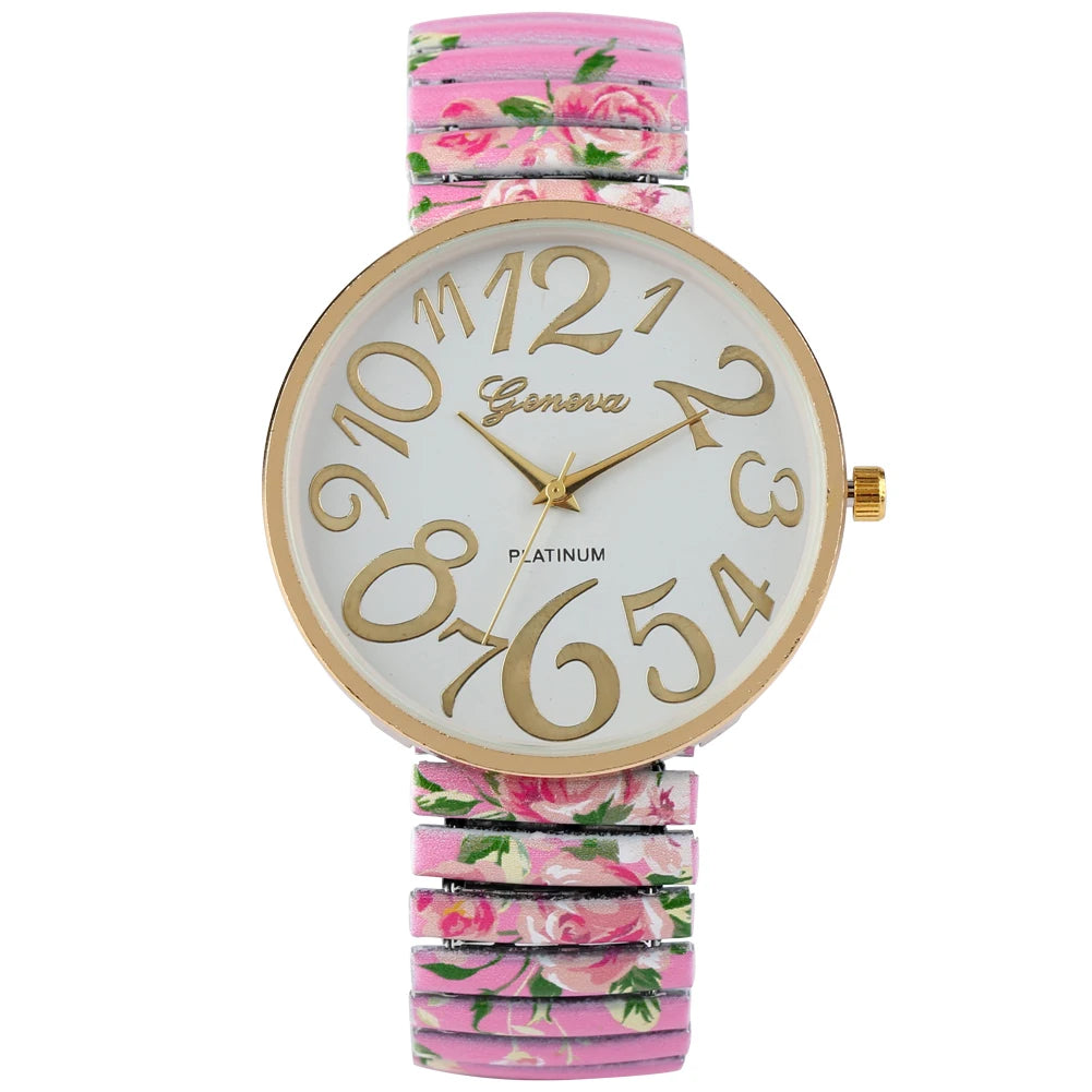 Fashion Women Quartz Watch Large Arabic Number Dial Ladies Wristwatch Unique Elastic Printing Strap Girls Watches Reloj Mujer