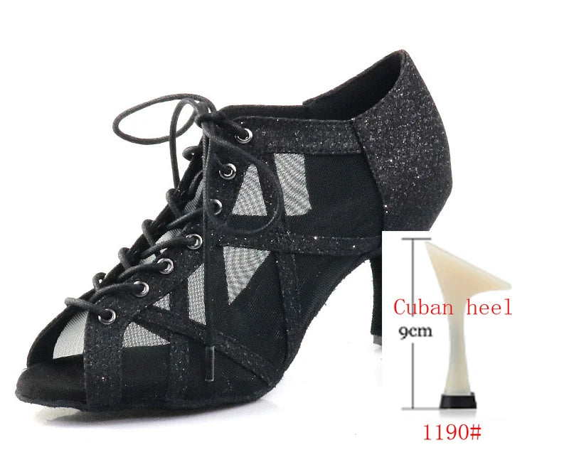 Black diamond inlaid Latin dance shoes, fish billed women's high top dance shoes, cool boots, ball and social dance shoes, salsa