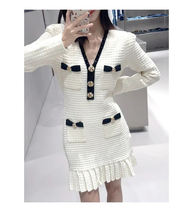 Luxury Autumn Long Sleeve White Sequin Short Dress Women's Knitted Waffle Mermaid Fishtail Crystal Button Evening Party Vestidos