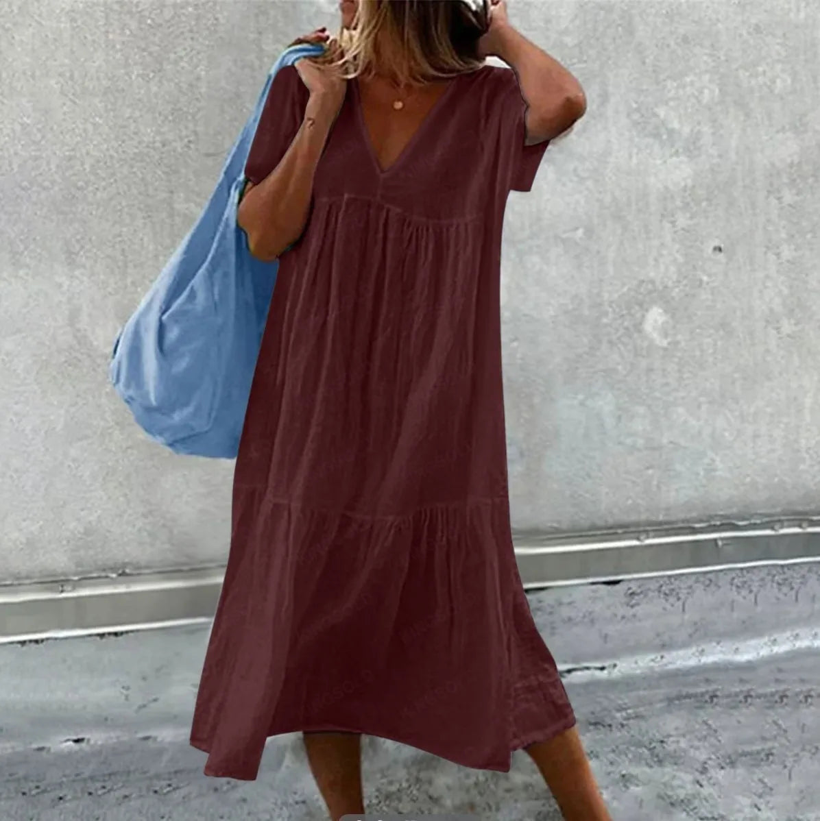 Solid Color Cotton Linen Midi Dresses Women Fashion Casual V-neck Short Sleeves Loose Dress Simple Style Lady Commuting Vestidos