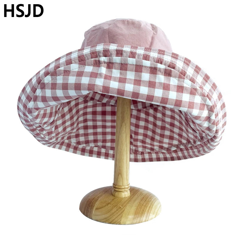 Summer Women Double-sided Cotton Linen Plaid Sun Hat Elegant Big Wide Brim Foldable Anti-UV Beach Sun Floppy Hats Flat Caps Bob