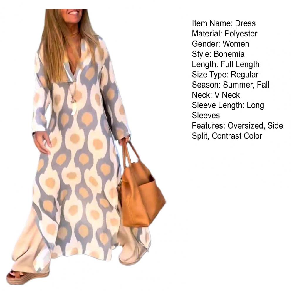 Women Maxi Dress Printing V-neck Beach Dress Hem Slit Contrast Color Maxi Dress Long Sleeves Lady Summer Dress Female Clothes