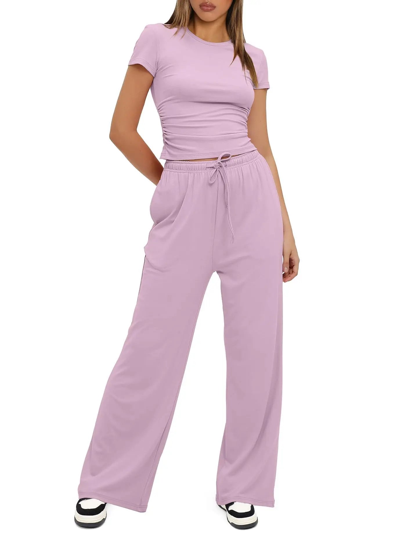 Women Two Pieces Set T-shirt And Wide Leg Pants Short Sleeves High Waist Solid Multi-colors Sports Yoga Casual Tracksuit