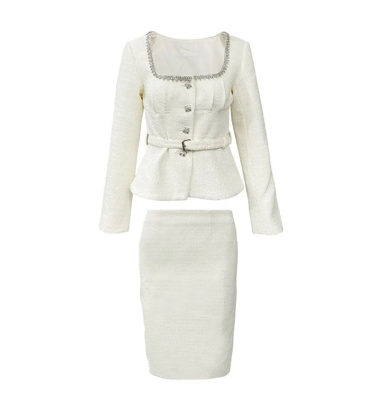 Luxury Quality Autumn White Tweed Two Piece Set Women Long Sleeve Beading Jackets Long Skirts Suits Office Lady Work Wear Coats