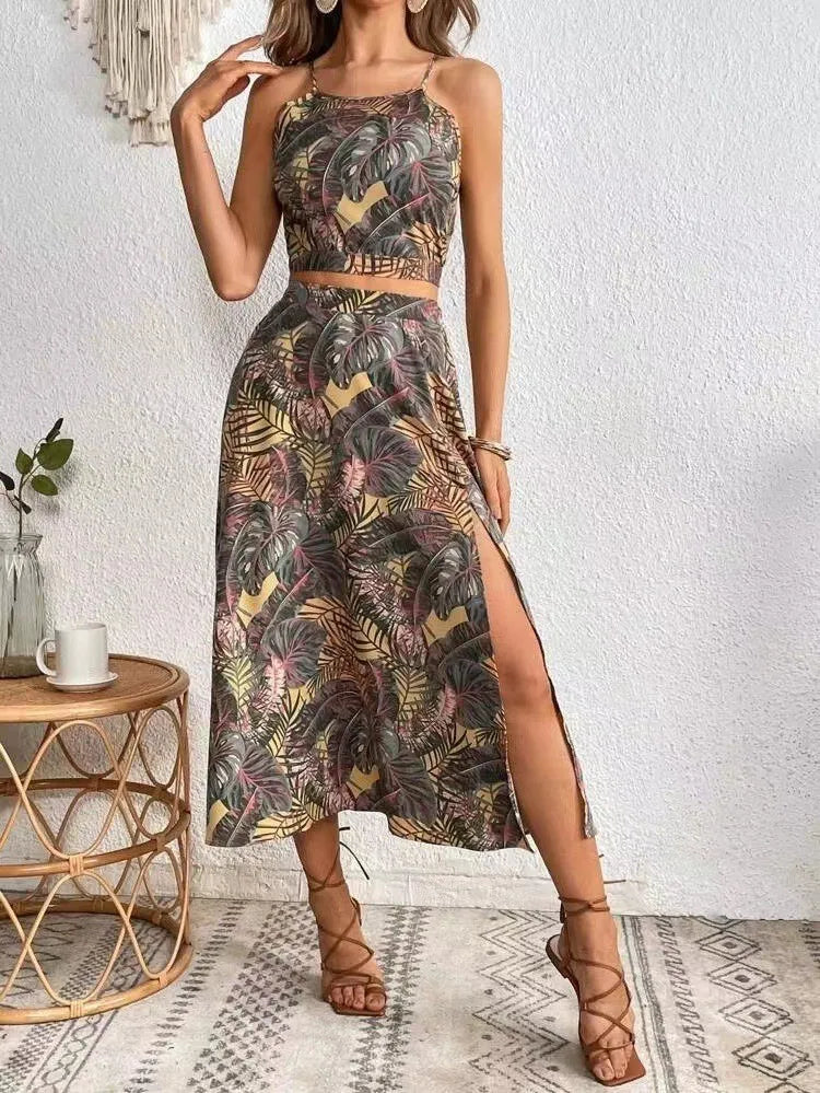 Women Summer Sexy Sleeveless Top With Matching Fashion Printed Skirt Two Piece Set