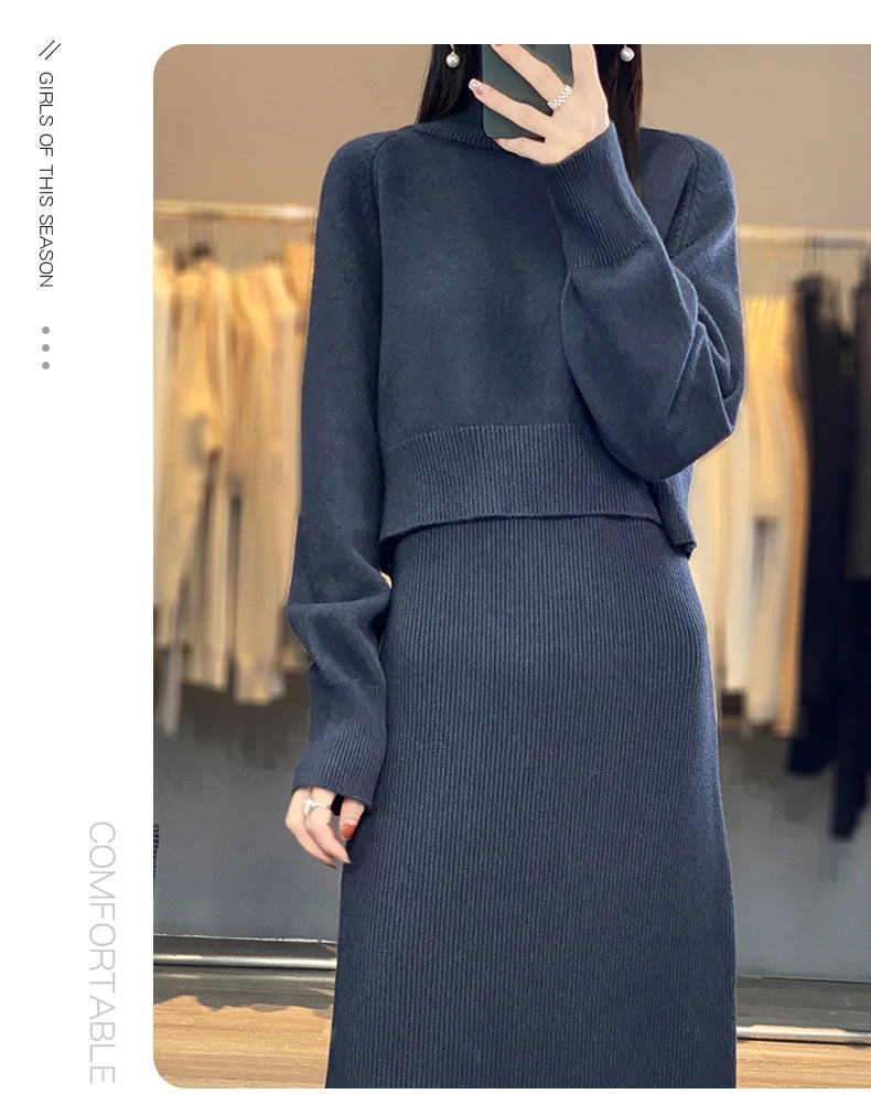 Two Piece Set Women New Autumn Winter Fashion Solid Color Sweater Suit Long Sleeve Turtleneck Clothing Straight Split Dress Sets