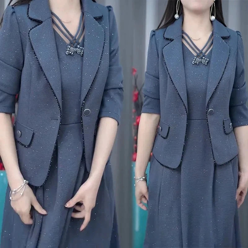 Middle Aged Female Dress Sets Spring Autumn High End Elegant Blazer Coat And Long Dress 2PCS Women OL Temperament Dresses Suit