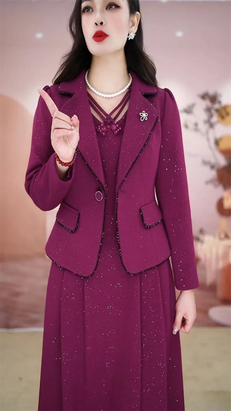 Middle Aged Female Dress Sets Spring Autumn High End Elegant Blazer Coat And Long Dress 2PCS Women OL Temperament Dresses Suit