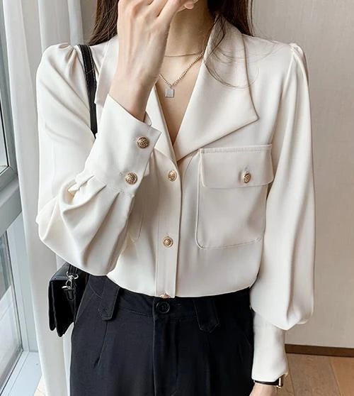 Women's Shirt and Blouse White Dress Shirts Loose Office Outfits Wear To Work Formal Female Tops Full Long Sleeve Button Up Cool