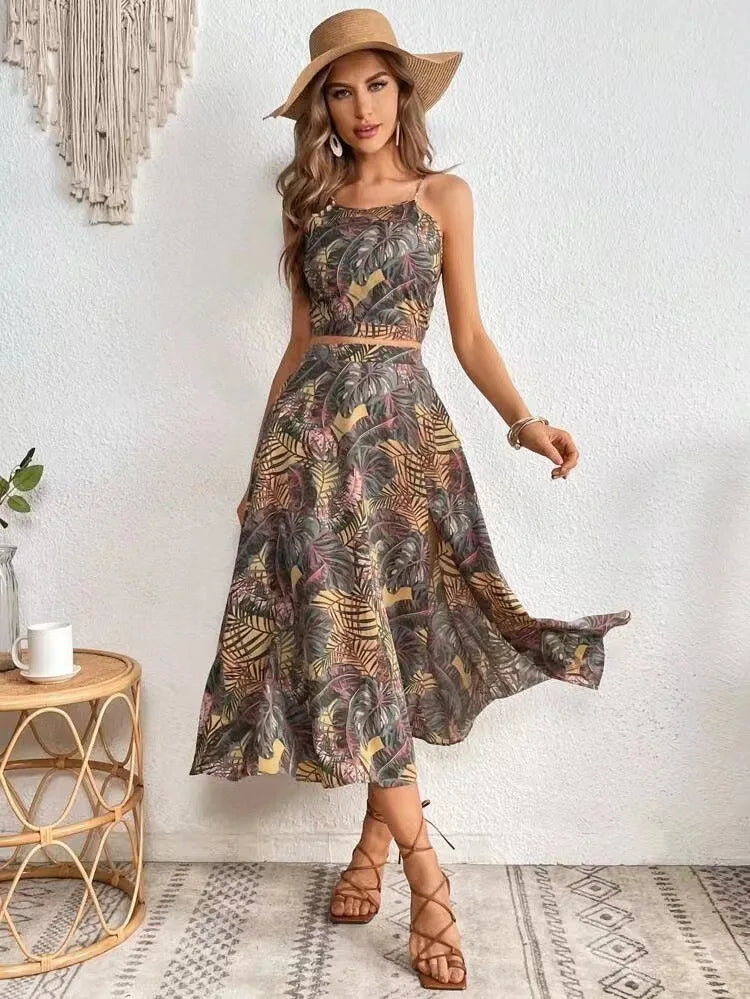 Women Summer Sexy Sleeveless Top With Matching Fashion Printed Skirt Two Piece Set