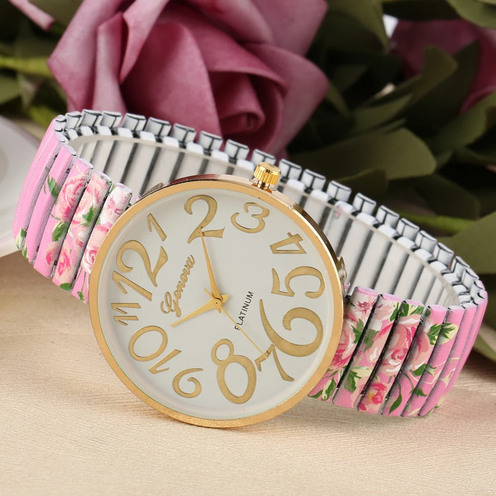 Fashion Women Quartz Watch Large Arabic Number Dial Ladies Wristwatch Unique Elastic Printing Strap Girls Watches Reloj Mujer