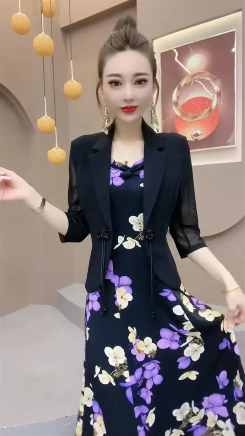 Popular High-End Brooch Blazer Slip Dress Suit Jacket Women's Summer Fashion Blazer Suit Skirt Two-Piece Set Sling Print Dress