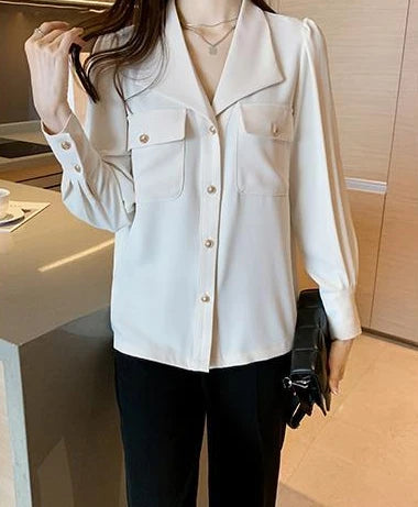 Women's Shirt and Blouse White Dress Shirts Loose Office Outfits Wear To Work Formal Female Tops Full Long Sleeve Button Up Cool