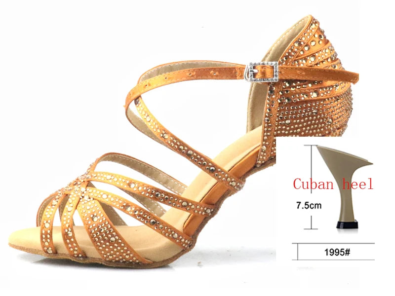 Bronze Rhinestone Latin Dance Shoes Women's Salas Ballroom Shoes Pearl High Heels 9cm Waltz Software Shoes Hot Selling