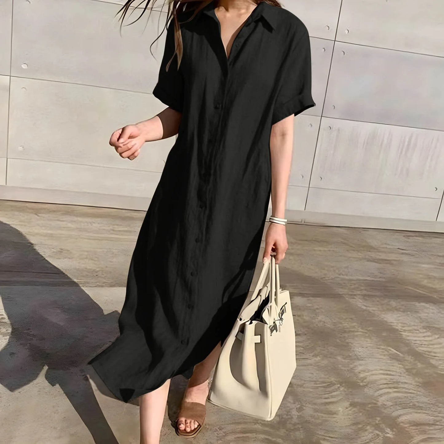 2024 Summer Cotton And Linen Korean Women's Long Dress Casual Vintage Loose Lace Waist Single-Breasted Short Sleeve Midi Dresses