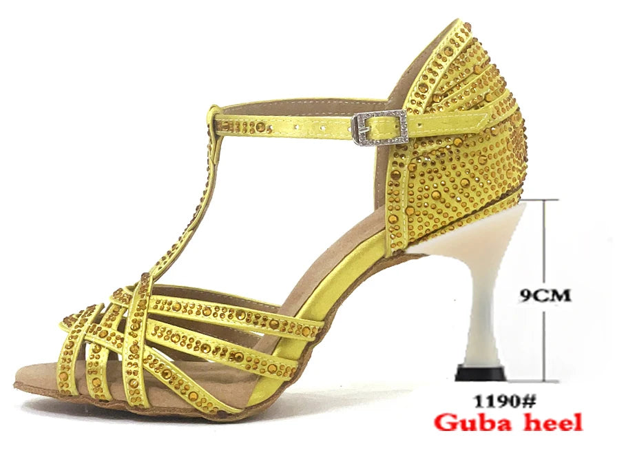 WUXIJIAO Classic Yellow Satin Latin Dance Shoes British Style Water Diamond Dance Shoes Sasha Tango Dance Shoes