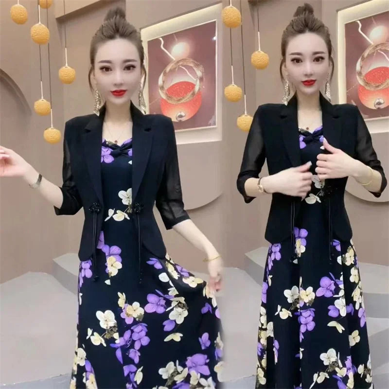 Popular High-End Brooch Blazer Slip Dress Suit Jacket Women's Summer Fashion Blazer Suit Skirt Two-Piece Set Sling Print Dress