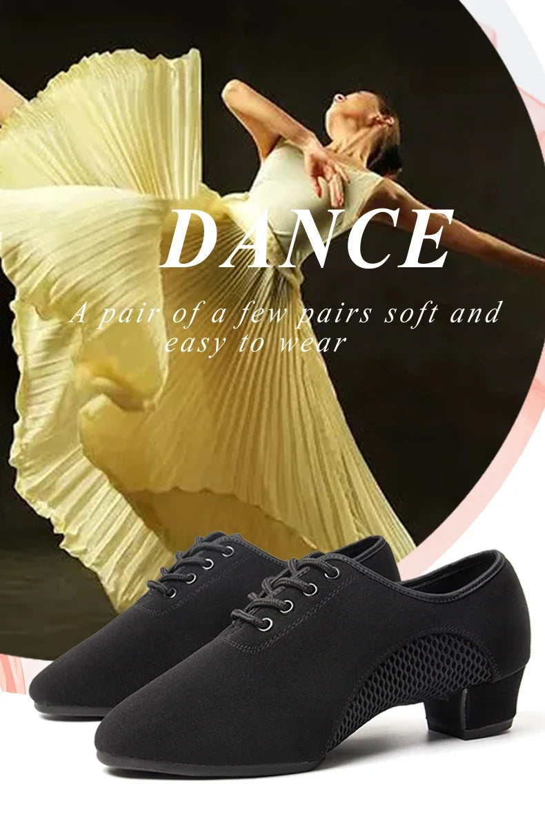 2024 New Arrival Oxford Cloth Latin Dance Shoes Unisex Air-Mesh Breathable Ballroom Shoes 3.5CM Heel Lace-Up Design Tango Jazz