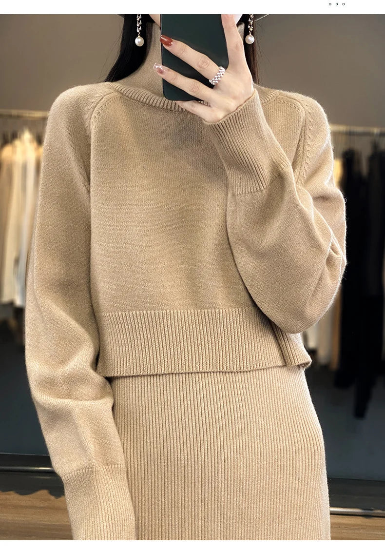 Two Piece Set Women New Autumn Winter Fashion Solid Color Sweater Suit Long Sleeve Turtleneck Clothing Straight Split Dress Sets