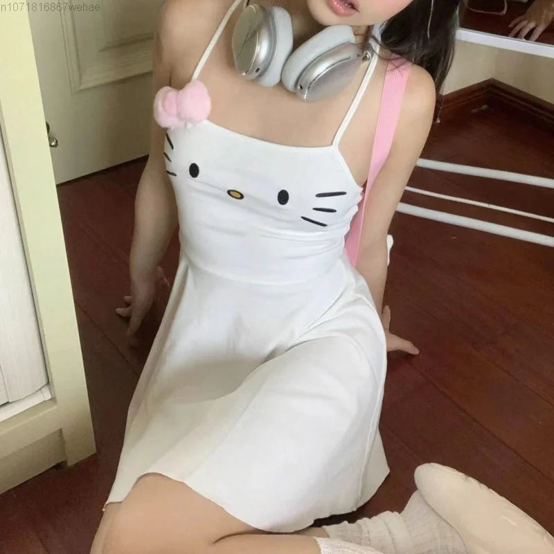 Sanrio Hello Kitty Cute Embroidery Pattern Plush Bows Slim Fit White Sweet Strap Dress Thin Sleeveless Camisole Short Skirt