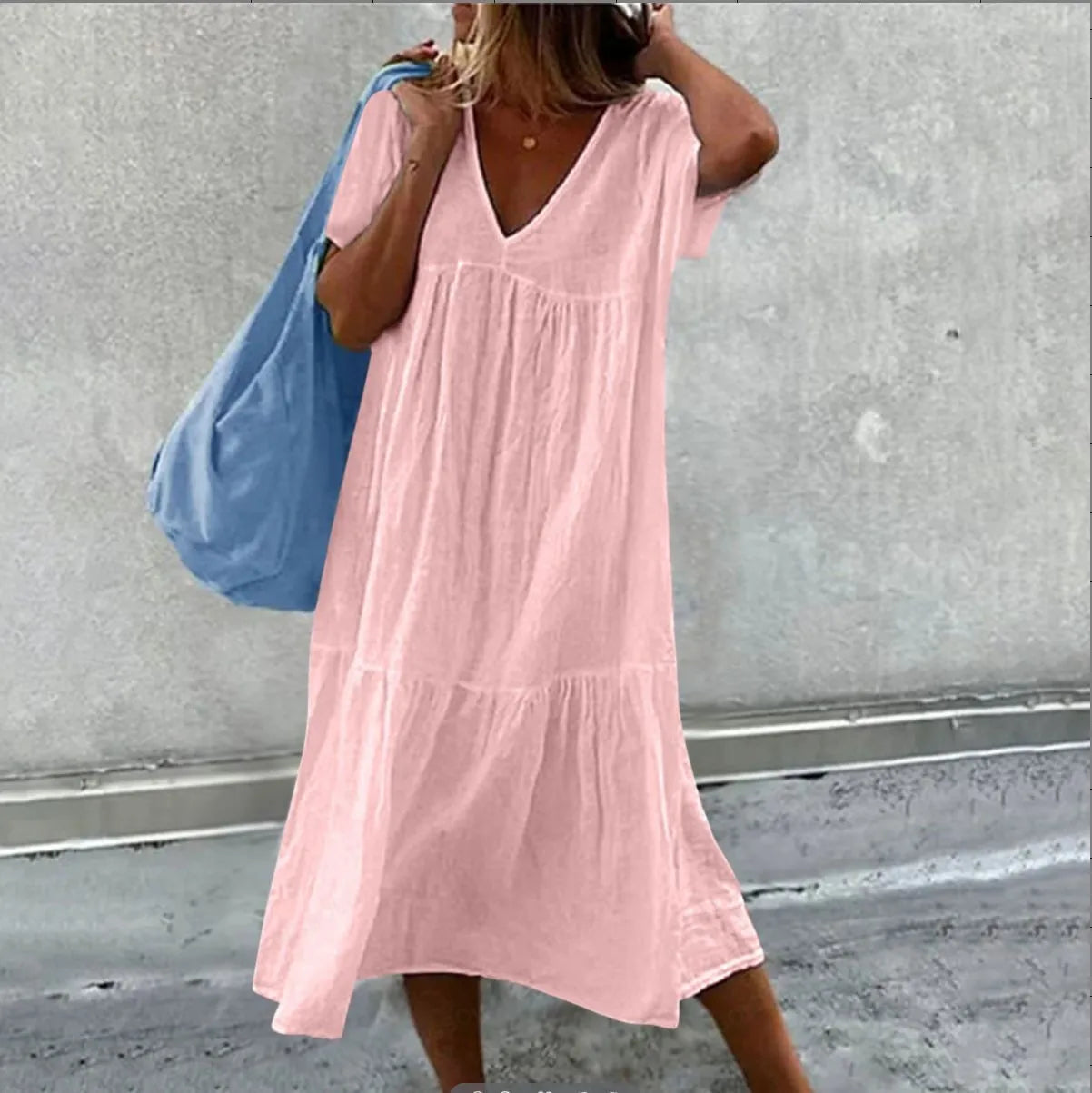 Solid Color Cotton Linen Midi Dresses Women Fashion Casual V-neck Short Sleeves Loose Dress Simple Style Lady Commuting Vestidos