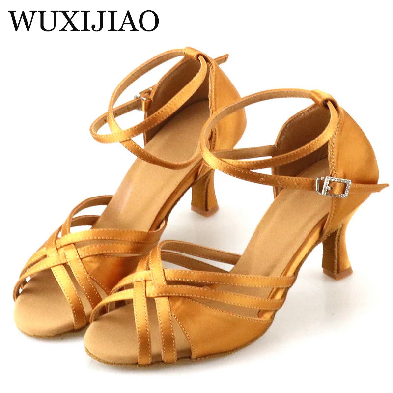 WUXIJIAO Ballroom dance shoes, women's rhinestone dance shoes, tango dance shoes, Sasha Latin dance shoes, bronze heel