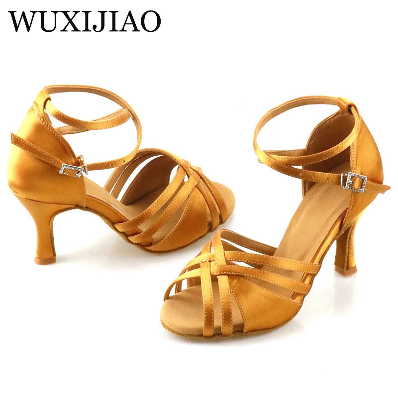 WUXIJIAO Ballroom dance shoes, women's rhinestone dance shoes, tango dance shoes, Sasha Latin dance shoes, bronze heel