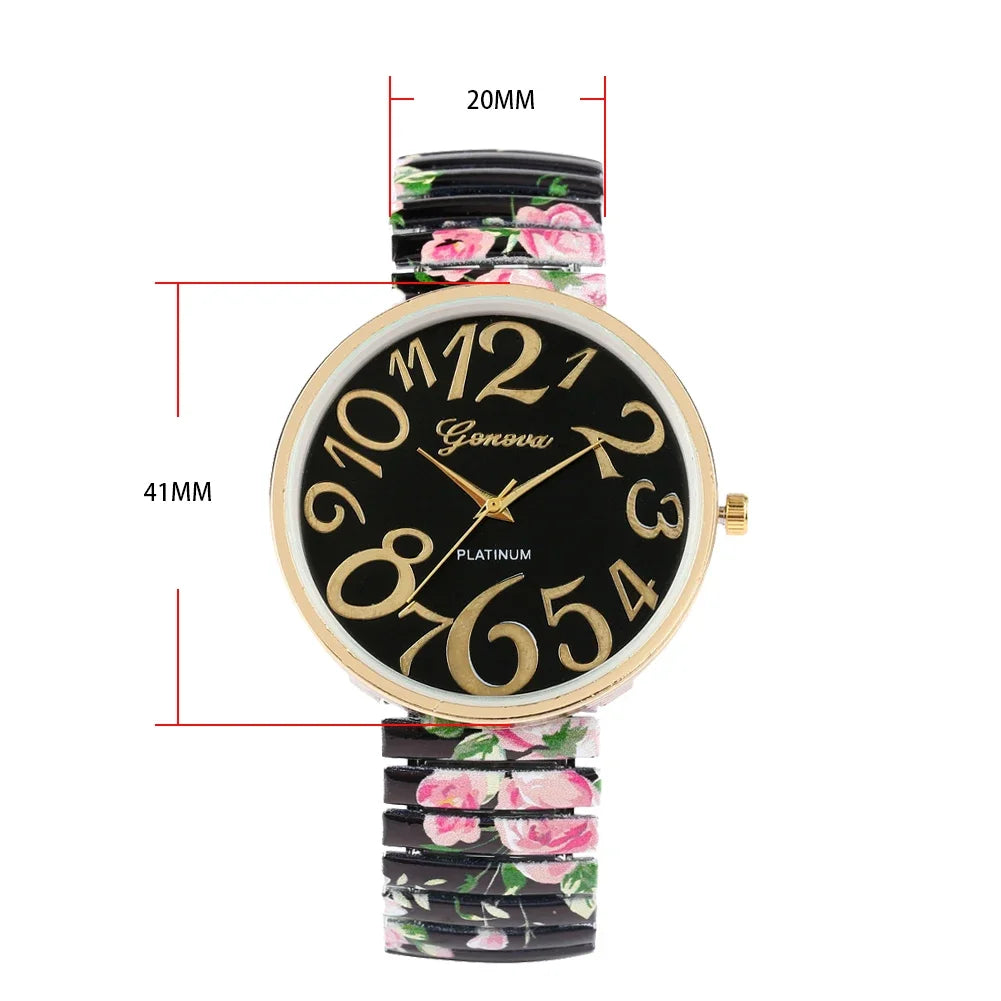 Fashion Women Quartz Watch Large Arabic Number Dial Ladies Wristwatch Unique Elastic Printing Strap Girls Watches Reloj Mujer