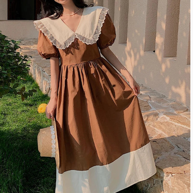 Women Dress Peter Pan Collar Hollow Out Simple Hepburn Korean Style Summer Kawaii College Patchwork Vintage Slim Fashion Preppy