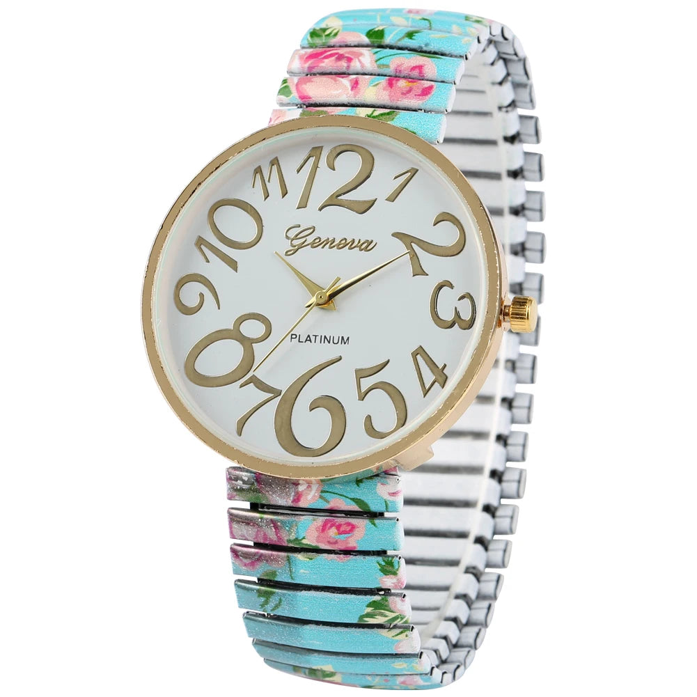 Fashion Women Quartz Watch Large Arabic Number Dial Ladies Wristwatch Unique Elastic Printing Strap Girls Watches Reloj Mujer