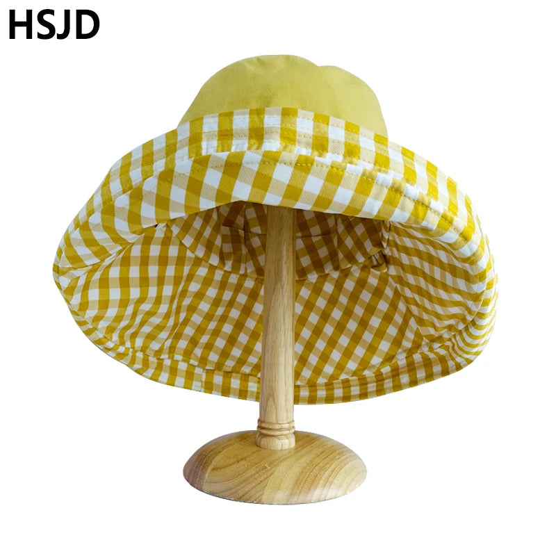 Summer Women Double-sided Cotton Linen Plaid Sun Hat Elegant Big Wide Brim Foldable Anti-UV Beach Sun Floppy Hats Flat Caps Bob