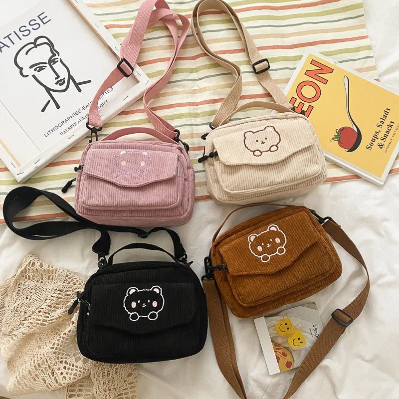 Women Fashion Corduroy Cartoon Bear Print Shoulder Bag Student Girls Tote Messenger Bag Satchel Travel Handbags Canvas Small Bag