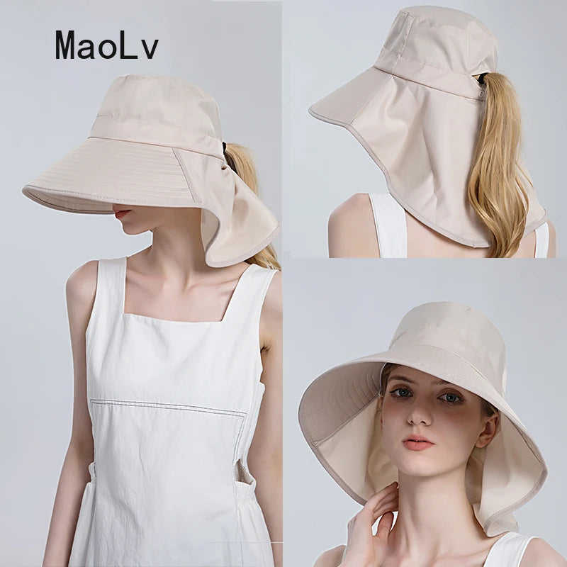 Beach Visor Ponytail Cap Summer Sun Hat for Women Outdoor Neck UV Protection Cycling Fishing Fisherman Hat Big Brim Bucket Hat