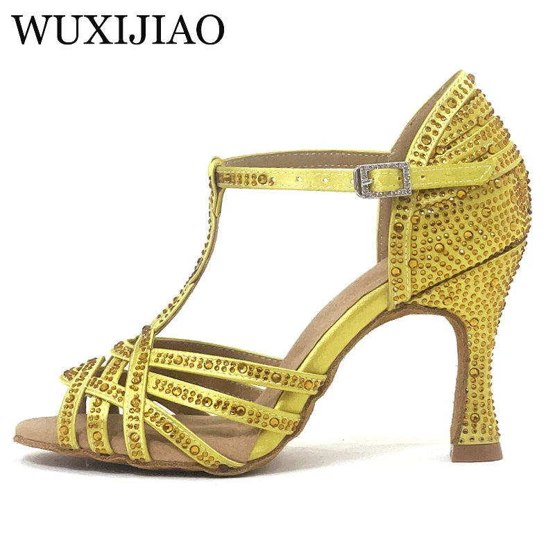 WUXIJIAO Classic Yellow Satin Latin Dance Shoes British Style Water Diamond Dance Shoes Sasha Tango Dance Shoes