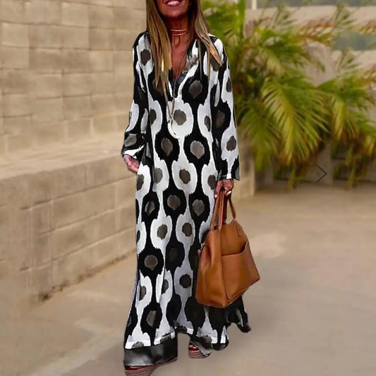 Women Maxi Dress Printing V-neck Beach Dress Hem Slit Contrast Color Maxi Dress Long Sleeves Lady Summer Dress Female Clothes