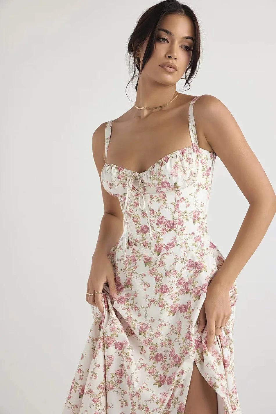 Summer Women Floral Bustier Midriff Waist Shaper Dress Split Thigh Party Midi Sundress Sleeveless Vintage A Line Beach Dresses