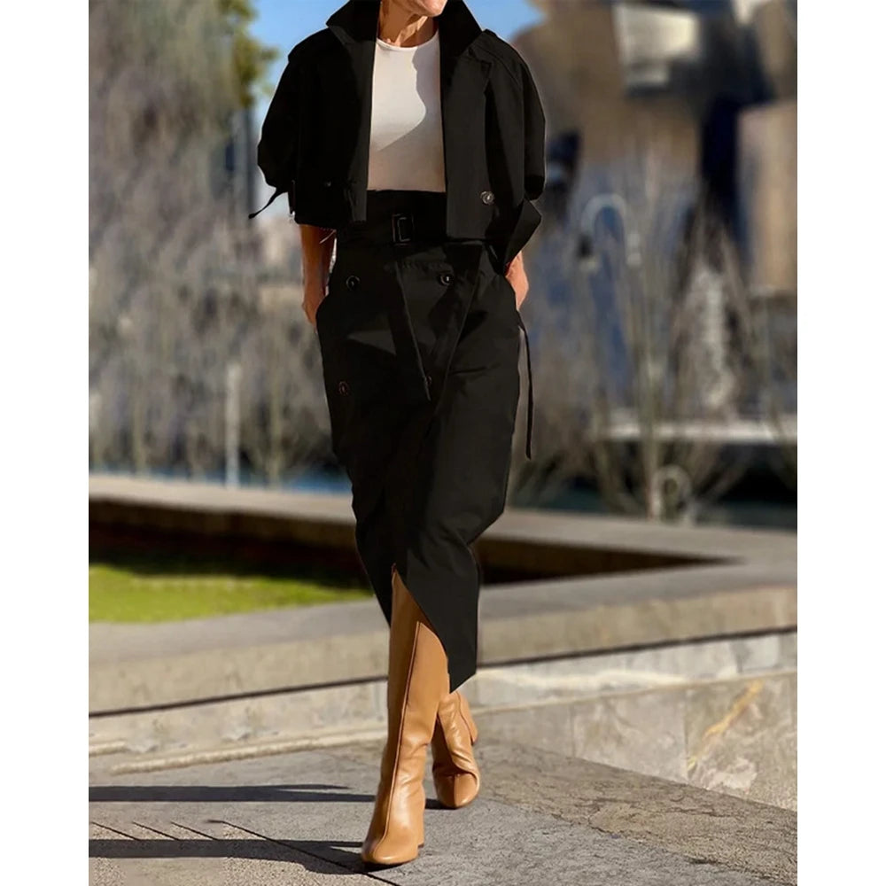 Casual Autumn Women Epaulet Nothched Collar Trench Short Coat & Buttoned Midi Pants Set Cargo Two Pieces Dress Set