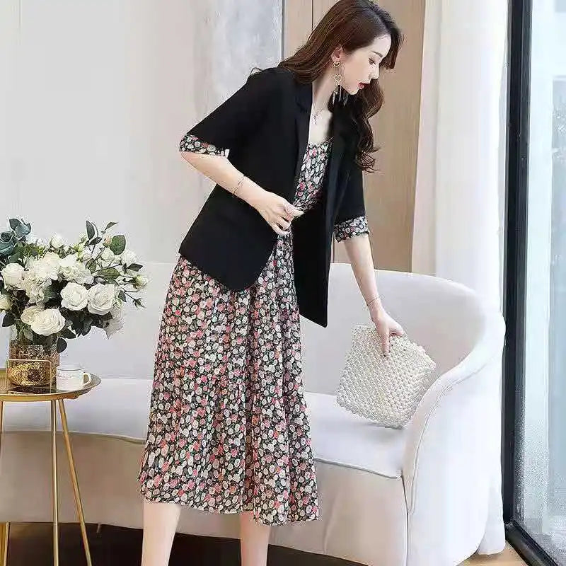 Women's Casual Floral Sling Dress Set 2025 Spring Autumn New Suit Jacket Dresses Two Piece Female Chic Blazers Midi Skirt Set