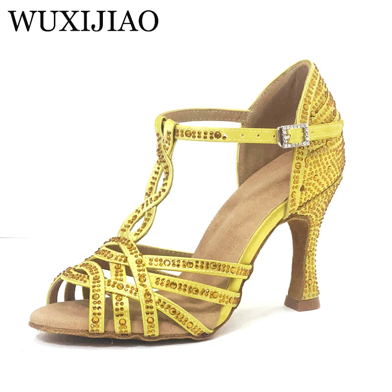 WUXIJIAO Classic Yellow Satin Latin Dance Shoes British Style Water Diamond Dance Shoes Sasha Tango Dance Shoes