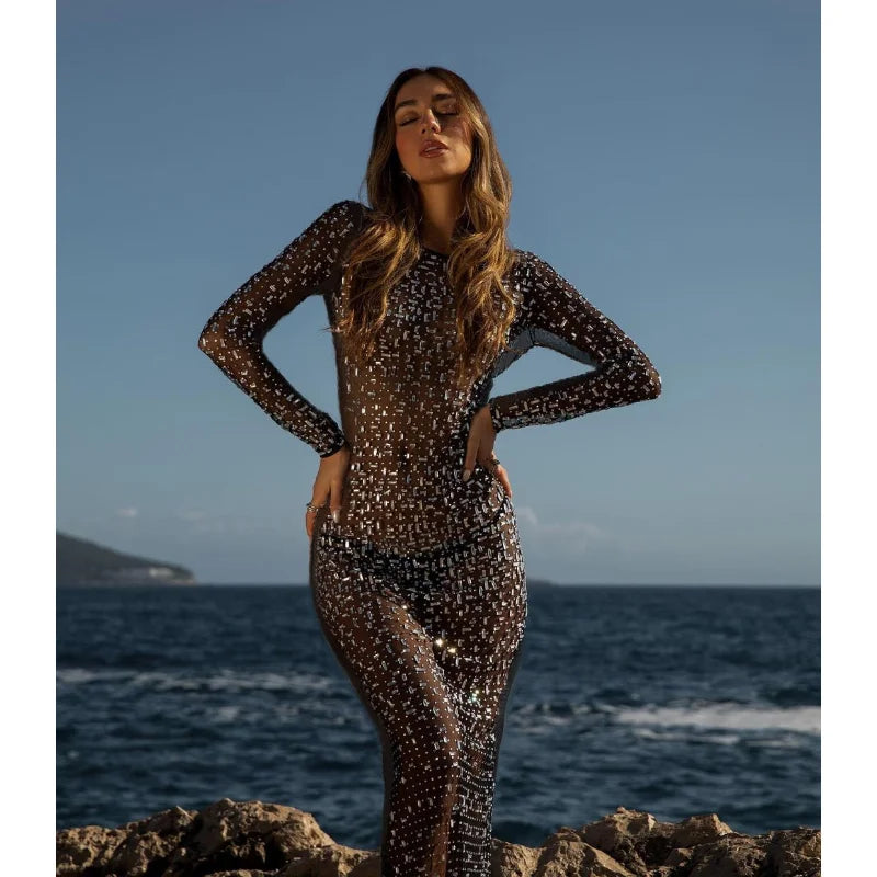 Tossy Glitter Female Cover up Maxi Dress Mesh See-Through Split Fashion Long Sleeve Slim Sexy Beach Cover up Dress For Women New