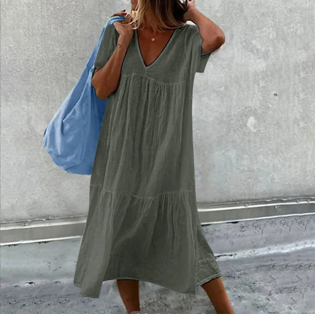 Solid Color Cotton Linen Midi Dresses Women Fashion Casual V-neck Short Sleeves Loose Dress Simple Style Lady Commuting Vestidos