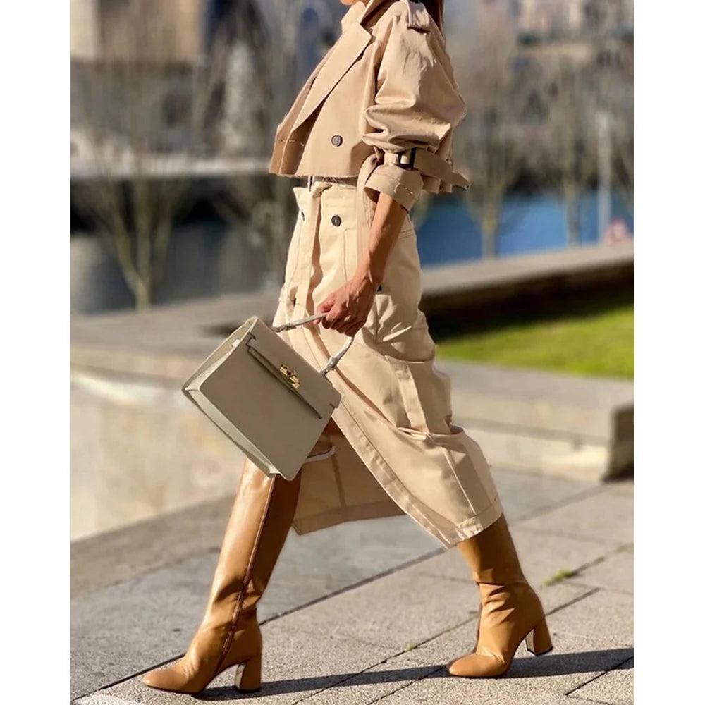 Casual Autumn Women Epaulet Nothched Collar Trench Short Coat & Buttoned Midi Pants Set Cargo Two Pieces Dress Set