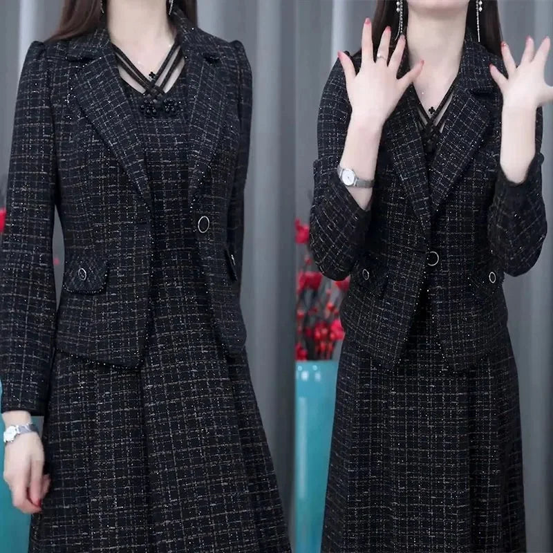 Middle Aged Female Dress Sets Spring Autumn High End Elegant Blazer Coat And Long Dress 2PCS Women OL Temperament Dresses Suit