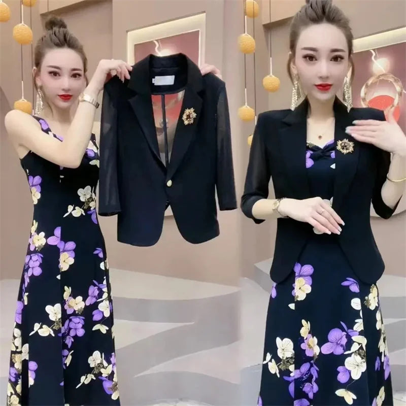 Popular High-End Brooch Blazer Slip Dress Suit Jacket Women's Summer Fashion Blazer Suit Skirt Two-Piece Set Sling Print Dress