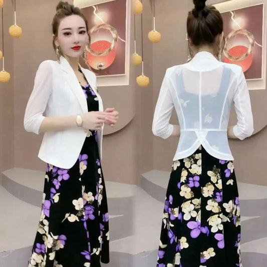 Popular High-End Brooch Blazer Slip Dress Suit Jacket Women's Summer Fashion Blazer Suit Skirt Two-Piece Set Sling Print Dress