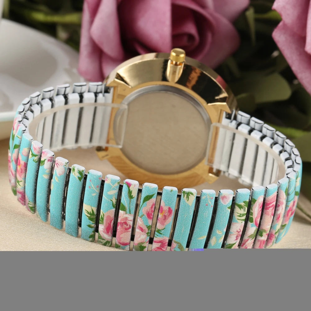 Fashion Women Quartz Watch Large Arabic Number Dial Ladies Wristwatch Unique Elastic Printing Strap Girls Watches Reloj Mujer